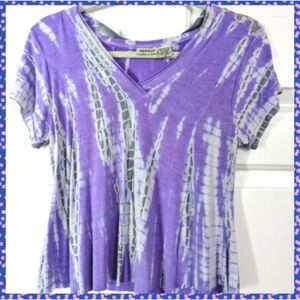 Summer V-neck t-shirt, tie-dye print lilac white gray, cap sleeve Small Festival